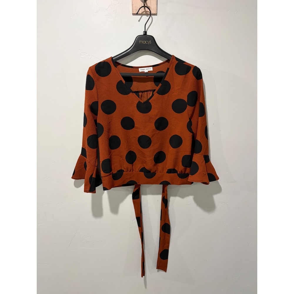 Honey Punch Rust Orange Black Geometric V-Neck Long Sleeve Blouse Medium
